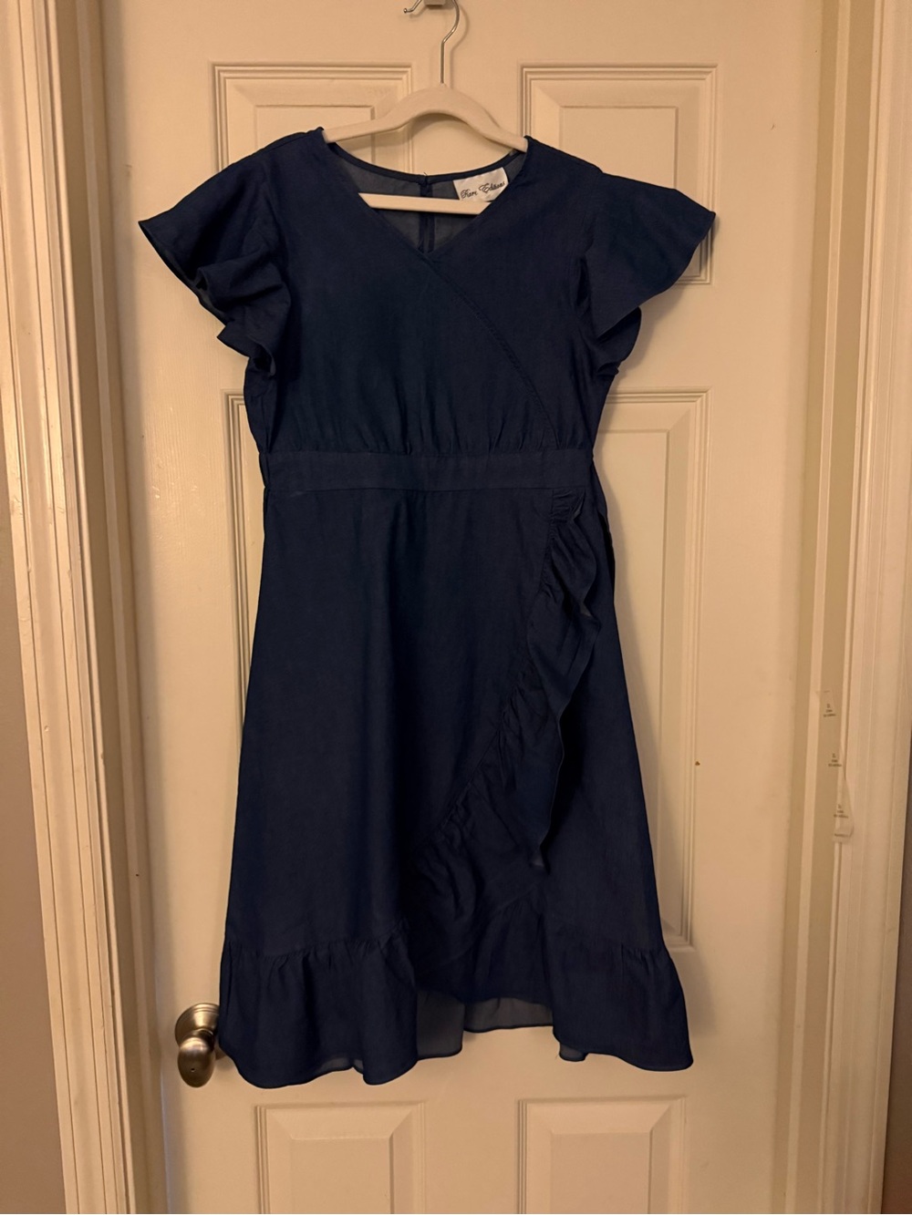 Rare Editions Navy  Denim Flutter Sleeve Wrap Midi Dress